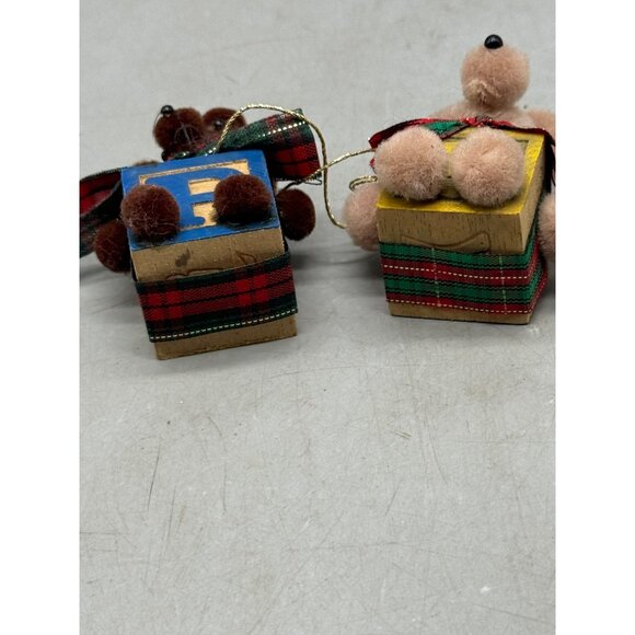 Vintage handmade Fuzzy Bear & Mouse Christmas Tree Ornaments On Alphabet Blocks - Picture 7 of 7